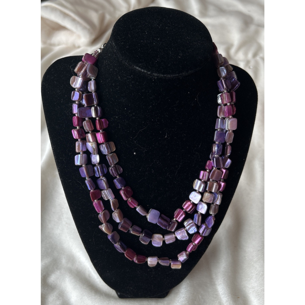 Necklace Boho Beach Purple Dyed Shell Beaded Layered 3 Strands Vacation Vibe